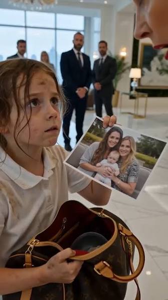 The little girl slid violently across the polished marble floor, both tiny hands wrapped around the strap of an expensive designer bag. Guests gasped instantly. Champagne glasses stopped halfway to ...
