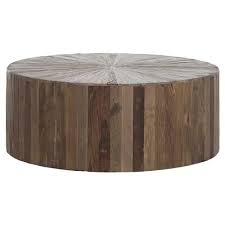 Take your living area to the next level with a reclaimed wood coffee table from pottery barn. Cyrus Rustic Lodge Natural Brown Reclaimed Elm Wood Drum Round Block Coffee Table 31 W 40 W Kathy Kuo Home