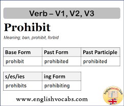 Find out all about prohibited : Prohibit Past Simple Past Participle V1 V2 V3 Form Of Prohibit English Vocabs