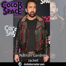 Nicolas Cage Color Out Of Space Leather Jacket Nathan Gardner Jacket Jackets Creator Leather Jacket Studded Leather Jacket Studded Jacket