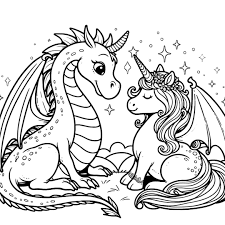 Free drawing to color and print - Dragon and unicorn coloring