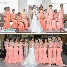 Cheap Elegant Coral Long Bridesmaid Dress With Sleeves Plus Size Lace Party Dres Mermaid Bridesmaid Dresses Coral Bridesmaid Dresses African Bridesmaid Dresses
