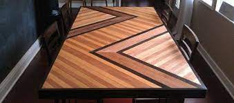 Fix the podium top by applying glue to the top edges of the sides of the podium, and place the hardwood plywood boards on the sides. Chevron Patterned Dining Table Top Build Your Very Own Wood Patterned Table Top Diy Dining Table Diy Dining Furniture Projects