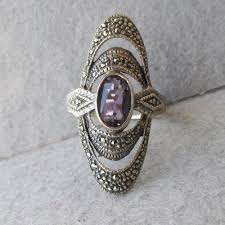 Big Elegant Vintage Sterling Silver Amethyst Marcasite Open Work Oval Ring Size 7 5 Modern Gold Jewelry Handmade Gold Jewellery Marcasite Jewelry