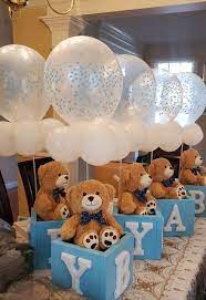 Teddy bear baby shower party decoration. Baby Boy Shower Centerpeices In 2021 Boy Baby Shower Centerpieces Bear Baby Shower Theme Baby Shower Balloons