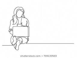 One Line Drawing Of A Woman Sitting With Laptop Computer Computer Drawing Line Drawing Line Art Drawings
