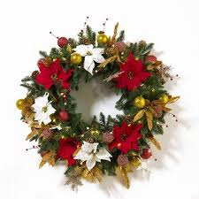 The mums go in the trash, the fall decorations come down, and the christmas tree goes up. Easy Treezy 30 Inch Pre Lit Pine Decorative Holiday Christmas Wreath With 100 Incandescent Warm White Lights Red And Gold Target