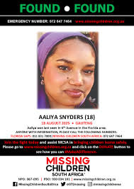 MCSAFound Wonderful news! Aaliya Snyders has been found safe. A big thank  you to Florida SAPS and everyone that shared her flyer. If you personally,  or your company