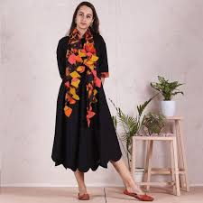 Black And Gold Tie Dye Dress Black Flared Dress With Hand Tie Dye Scarf With Tassel Details Scalloped Hemline Black Flare Dress Dresses Flare Dress