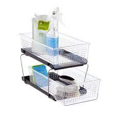 Stackable 2 tier design shelf saves storage space and the shelves can be used on corners/standalone. 2 Tiered Organizers The Container Store