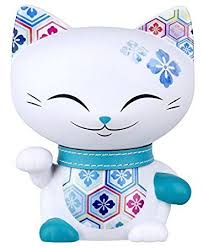 Chat Porte Bonheur Maneki Neko Mani The Lucky Cat 11cm Blanc Collier Bleu Maneki Neko Porte Bonheur Neko