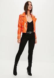 Missguided Orange Crop Patent Faux Leather Biker Jacket Orange Leather Jacket Coats Jackets Women Leather Jacket Outfits