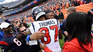 Wide receiver demaryius thomas #88 of the denver broncos stands on the field as he warms up before a game against the kansas city chiefs at broncos stadium at mile high on. Demaryius Thomas Enjoys Weird Return To Broncos Country 9news Com