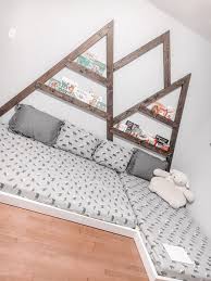 Mountain Bed With Bookshelves In 2020 Toddler Floor Bed Boy Room Bedding Diy Toddler Bed