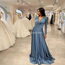 2023 Blue Stain Prom Evening Dresses V Neck Long Sleeves Party Gowns  Beadings Floor Length Saudi Dubai Arab Porm Dresse