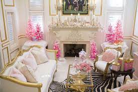 The living room features a custom area rug inspired by the client's own painting over the fireplace mantel. I M Dreaming Of A White And Pink And Gold Christmas Turtle Creek Lane