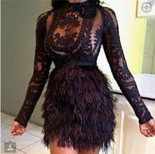 Black Lace Fringe Skirt Dress Fashion Feather Cocktail Dress Fur Skirt