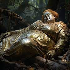 森の中にある哀愁漂うぽっちゃりした女性の仰向けの青銅像 | 写真