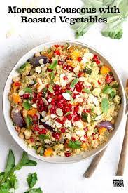 Moroccan Couscous With Roasted Vegetables Full Of Flavour This Warm Couscous Salad Is Great Couscous Recipes Vegan Couscous Recipes Tasty Vegetarian Recipes