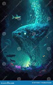 Giant Fish Monster in Ocean, Surreal Digital Illustration. Bioluminiscence,  Luminous Light Under Water. Dreamlike, Otherworldly Stock Image - Image of  creature, generative: 267733661