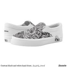Black And White Custom Vans Slip Ons Custom Black And White Hand Drawn Floral Pattern Slip On Sneakers Zazzle Com In 2020 Slip On Sneakers Black And White Vans Slip On Shoes