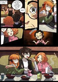 1boy 2girls atlus black hair breasts brown eyes brown hair coat  coffee comic comic page cuddling curry cute date dinner drink english text  female glasses happy haru okumura hugging