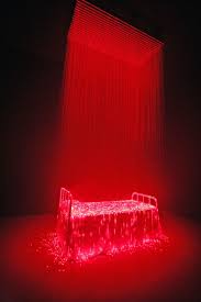 Bright Red Lights Illuminate A Bed Covered In Eerie Mist Light Art Installation Light Installation Light Art