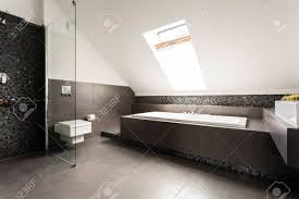 Wenn sie keine separate duschkabine aufstellen wollen funktionieren sie ihre badewanne in eine dusche um und erhalten sie sogleich für die. Neues Design Dachboden Bad In Schwarz Und Weiss Mit Dusche Badewanne Und Wc Lizenzfreie Fotos Bilder Und Stock Fotografie Image 60868402