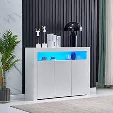 The white kitchen cabinets look gorgeous against the dove gray walls and the deep cheery wood flooring. Buy Homesailing Living Room Sideboard Storage Cabinet White High Gloss With Led Light Modern Kitchen Unit Cupboard Buffet Wooden Storage Display Cabinet Tv Stand With 3 Doors For Hallway Dining Room Online