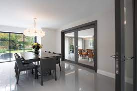 Cherwell oak internal glazed door cottage cherwell oak internal door has full length vertical grooves and supplied fitted with a large central glazed panel. Internal Double Glass Grey Oak Doors Deuren Minimalistisch Esszimmer Sonstige Von Deuren Houzz