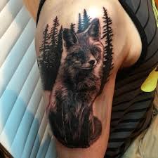 Black And White Vs Color Tattoo Reddit Real Photo Like Black And White Fox Tattoo On Shoulder With Dark Forest Nature Tattoos Fox Tattoo Tattoo Designs And Meanings