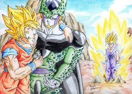 When buu awakens, he transmutes dabura into a large cookie and consumed him, which restores his petrified victims to normal. Goku Cell And Gohan Dbz Cell X Gohan 900x643 Wallpaper Teahub Io