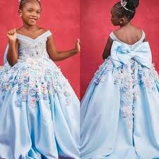 Blue Little Girls Dresses 2020 V Neck Hand Made Flowers 3d Flowers Ball Gown Satin Sky Blue Flowers Kids Party Dresses Flower Girls Dresses In 2020 Kids Pageant Dresses Girls Pageant