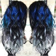 When you're lightening black hair, it's incredibly important to take your time so that if you've lightened your black hair but you've noticed gray roots growing in, you can use a root cover up spray to temporarily hide them until you have time. Blue Black And White Hair Color Silver Ombre Hair Hair Styles Hair Color Blue