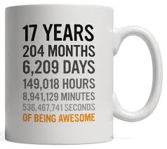 Baby minto is 1 year and 5 months old. 17th Birthday Gift 17 Seventeen Years Old Mug Months Days Hours Minutes Seconds Of Being Awesome For Son Daughter From Mom Dad In 2021 17th Birthday Gifts Birthday Gifts 40th Birthday Gifts