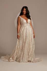 Geometric Sequin Plunge Plus Size Wedding Dress David S Bridal Plus Wedding Dresses Wedding Dresses Plus Size Wedding