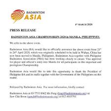 Badminton asia team championships 2020 semifinals : Manila Replaces Wuhan As Host City For 2020 Asia Championships Due To Coronavirus Outbreak Badmintonplanet Com