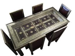 Moroccan Dining Set Table In Arabesque Carved Embossed Silver Metal 6 Chairs Dining Table Setting Contemporary Dining Furniture Embossed Silver