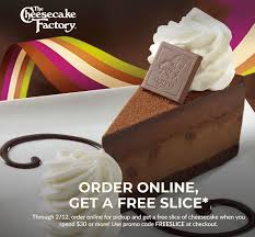Pinned January 30th Free Slice With 30 Ordered Online At The Cheesecakefactory Via Promo Code Freeslice The In 2020 Cheesecake Factory Shopping Coupons Cheesecake