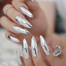 Metallic nails are having a. 24pcs Metallic Stiletto Extra Long Silver Nails Mirror Effect Nail Ladies Fashion Artificial Fake Nails Wish