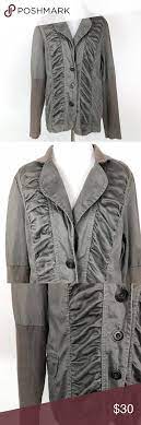 Xcvi Ruched Front Jacket Olive Green Button Front Jacket With Rushing Along Both Sides Of The Button Placket Rib Knit Sl Clothes Design Jackets Fashion Design