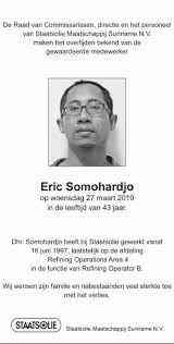 Onze 43 Jarige College Eric Somoharjdo Is Overleden In Suriname Familienieuws Com