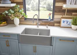Flat apron front farmhouse design creates a clean, continuous look with your kitchen cabinets. Ikon 33 1 Low Divide Silgranit Concrete Gray Blanco