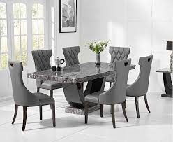 Aura round white faux marble dining table with 4 grey velvet dining tub chairs with chrome legs dimensions: Dark Grey Marble Dining Table And 6 Chairs Homegenies
