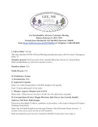 Lee Sustainability Advisory Committee Meeting Minutes February 9, 2021 7 PM  Virtual Zoom Meeting ID: 923-766-4832 Password: 13