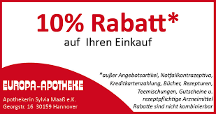 Zudem kann es sein, dass der coupon nur für ausgewiesene artikel oder shopbereiche gilt und nicht mit anderen angeboten, etwa aus dem online sale, kombiniert werden kann. Gutscheine Europa Apotheke Hannover