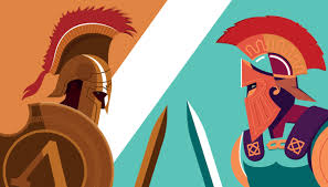 Cartoon graphic of a greek trojan or spartan mascot holding a shield and spear. Paris Catalyst Of The Trojan War