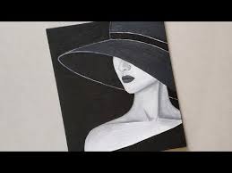 Black And White Acrylic Painting Beautiful Girl In A Black Hat Acrylic Painting A Girl Hiding Under A Hat Black White Painting Yout Black Canvas Paintings Acrylic Painting Canvas Painting