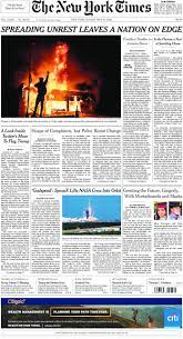 Pile of newspaper front pages; The New York Times International Edition In Print For Monday June 1 2020 The New York Times