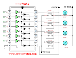 Uln2003a Driving 4 24 Volt Relays To Control 4 120vac Lamps Electronic Circuit Projects Circuit Simple Circuit